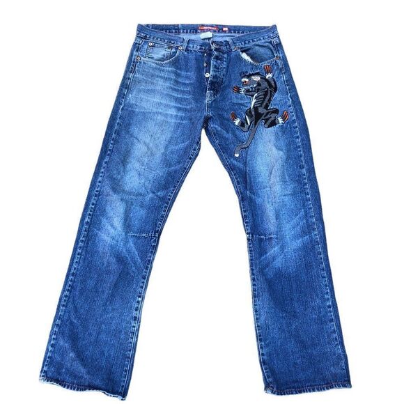 RARE Ed Hardy Embroidered Jeans Size 36 'Panther Claw' Blue - Picture 3 of 8